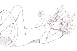 Rule 34 | 1boy, animal ears, blush, cat boy, cat ears, cat tail, commentary request, completely nude, danganronpa (series), ewa (seraphhuiyu), fang, greyscale, hair between eyes, knee up, looking at viewer, lying, male focus, medium hair, messy hair, monochrome, navel, danganronpa v3: killing harmony, nipples, nude, on back, open mouth, oma kokichi, paw pose, simple background, smile, solo, stomach, tail, testicles, white background