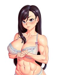 Rule 34 | 1girl, abs, absurdres, black hair, bra, breasts, brown eyes, cleavage, collarbone, final fantasy, final fantasy vii, highres, lace, lace-trimmed bra, lace-trimmed panties, lace trim, large breasts, long hair, looking at viewer, muscular, muscular female, navel, nikichen, own hands together, panties, simple background, smile, solo, stomach, tifa lockhart, toned, underwear, upper body, white background