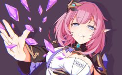 Rule 34 | 1girl, :d, black gloves, blood, blood from mouth, blue eyes, breasts, cleavage, cleavage cutout, clothing cutout, crystal, elf, elysia (honkai impact), elysia (miss pink elf), elysia (miss pink elf) (honkai impact), gloves, grin, hair ornament, highres, honkai (series), honkai impact 3rd, long hair, looking at viewer, open mouth, pink hair, pointy ears, purple background, shirt, shrug (clothing), single glove, smile, solo, teeth, upper body, white shirt, yinyu (yinyu1999)