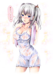 Rule 34 | 1girl, arino hiroshi, babydoll, blue eyes, blush, bow, bow panties, breasts, cleavage, collarbone, grey hair, highres, kantai collection, kashima (kancolle), large breasts, open mouth, panties, purple panties, see-through, smile, solo, speech bubble, towel, twintails, underwear