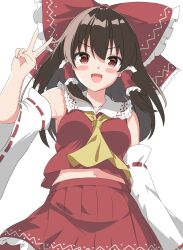 Rule 34 | 1girl, blush, bow, brown eyes, brown hair, detached sleeves, hair bow, hakurei reimu, highres, open mouth, red shirt, red skirt, salute, setsugetsuka436, shirt, simple background, skirt, smile, solo, touhou, v, white background, white sleeves