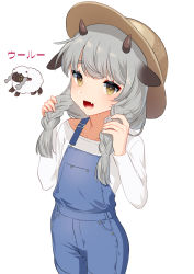 Rule 34 | 1girl, :d, akagi kurage, animal ears, braid, brown eyes, brown headwear, character name, collarbone, creatures (company), fang, game freak, gen 8 pokemon, grey hair, hair over shoulder, hands up, highres, horns, long sleeves, low twintails, nintendo, open mouth, overall shorts, overalls, personification, pokemon, pokemon (creature), pokemon swsh, sheep ears, shirt, smile, thick eyebrows, translation request, twin braids, twintails, white shirt, wooloo