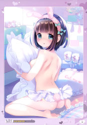 Rule 34 | 1girl, absurdres, animal ears, aqua bow, aqua eyes, barefoot, black hair, blush, bow, breasts, fake animal ears, frilled pillow, frills, hair bow, hairband, heart, heart-shaped pillow, highres, hinayuki usa, holding, holding pillow, indoors, looking at viewer, looking back, no panties, original, parted lips, pillow, pink hairband, rabbit ears, rabbit tail, short hair, sitting, solo, tail, topless