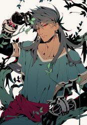 Rule 34 | 1boy, blue hair, dark-skinned male, dark blue hair, dark skin, earrings, fate/grand order, fate (series), gloves, greco-roman clothes, highres, holding, holding plant, jewelry, koshiro itsuki, long hair, looking at viewer, male focus, plant, red eyes, revealing clothes, roman clothes, romulus (fate), romulus quirinus (fate), short sleeves, simple background, solo, upper body, very long hair, white background