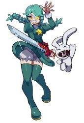 Rule 34 | 1girl, annie (skullgirls), arm up, asdfgh200218, bloomers, boots, braid, eyepatch, full body, green hair, highres, juliet sleeves, long hair, long sleeves, puffy sleeves, sagan (skullgirls), skullgirls, smile, stuffed animal, stuffed rabbit, stuffed toy, sword, thigh boots, twin braids, underwear, weapon, white background, yellow eyes