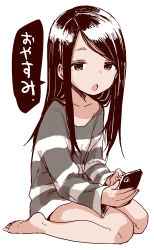 Rule 34 | 1girl, barefoot, black hair, cellphone, full body, grey eyes, highres, holding, holding phone, long hair, long sleeves, looking at viewer, open mouth, original, phone, shirt, simple background, sitting, solo, striped clothes, striped shirt, swept bangs, translated, wariza, white background, yamamoto souichirou