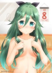 Rule 34 | ..., 1girl, black ribbon, blue eyes, blush, breasts, calendar (object), closed mouth, green hair, hair between eyes, hair censor, hair ornament, hair ribbon, hairclip, kantai collection, long hair, mae (maesanpicture), military, military vehicle, motor vehicle, nude, ribbon, small breasts, solo, spoken ellipsis, twitter username, upper body, very long hair, yamakaze (kancolle)