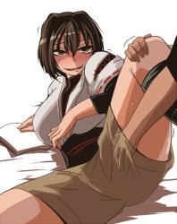 Rule 34 | 10s, 1girl, blush, book, breasts, brown hair, hand under clothes, hand under shorts, hyuuga (kancolle), kantai collection, large breasts, open mouth, shiba yuuki, short hair, shorts, simple background, smile, solo focus, spread legs, yellow eyes