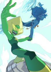 Rule 34 | 2girls, blue eyes, blue hair, blue sclera, blue sky, closed mouth, cloud, cloudy sky, colored sclera, colored skin, colored tongue, day, flying, green eyes, green hair, green sclera, green skin, green tongue, highres, holding hands, kamina shades, lapis lazuli (steven universe), multiple girls, one eye closed, open mouth, outstretched arms, outstretched hand, peridot (steven universe), sky, star (symbol), steven universe, sunglasses, svacob, trashcan lid