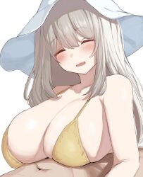 Rule 34 | 1boy, 1girl, ^ ^, bikini, blue archive, blush, breasts, closed eyes, dated commentary, hat, hetero, highres, huge breasts, implied paizuri, long hair, narodenden, nonomi (blue archive), nonomi (swimsuit) (blue archive), official alternate costume, open mouth, paizuri, simple background, smile, solo focus, swimsuit, upper body, white background, white headwear, yellow bikini