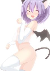 Rule 34 | 1girl, animal ears, bare shoulders, bat wings, blush, bottomless, cat ears, cat girl, cat tail, chimunge, closed eyes, female focus, kemonomimi mode, open mouth, paw pose, purple hair, remilia scarlet, see-through, short hair, simple background, solo, strapless, tail, thighhighs, touhou, tube top, white background, white thighhighs, wings