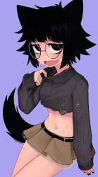 Rule 34 | 1girl, animal ears, bags under eyes, belt, black belt, black eyes, black hair, black nails, borrowed character, brown skirt, crop top, fang, glasses, grey sweater, highres, long sleeves, looking at viewer, medium hair, midriff, miniskirt, navel, open mouth, original, purple background, ribbed sweater, round eyewear, signature, simple background, skirt, solo, sweat, sweatdrop, sweater, tail, torn clothes, torn sweater, yoako