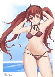 Rule 34 | 1girl, absurdres, alternate hairstyle, armpits, arms behind head, arms up, beach, bikini, breasts, eris greyrat, highres, legs, long hair, looking at viewer, mushoku tensei, navel, red eyes, red hair, small breasts, smile, solo, swimsuit, thighs, twintails, water