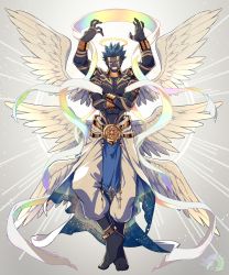 Rule 34 | 1boy, abs, anklet, armlet, arms up, black skin, blazbluefairy, bracelet, colored skin, commission, crossed arms, extra arms, feathered wings, full body, grin, highres, jewelry, looking at viewer, original, pants, pixiv fantasia, scarf, smile, solo, tattoo, toned, toned male, white pants, white wings, wings