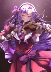 Rule 34 | 1girl, absurdres, artist request, black background, closed eyes, drill hair, gloves, highres, holding, holding instrument, holding violin, hyakumantenbara salome, hyakumantenbara salome (1st costume), instrument, long hair, music, nijisanji, parted bangs, playing instrument, purple hair, scorpio (symbol), simple background, smile, solo, violin, virtual youtuber