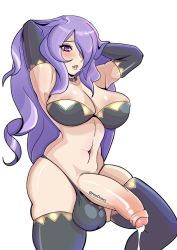 Rule 34 | 1girl, camilla (fire emblem), covered testicles, cum, fire emblem, fire emblem fates, foreskin, futanari, gloves, heedraws, nintendo, penis, purple hair, solo, testicles, thighhighs, twitter username