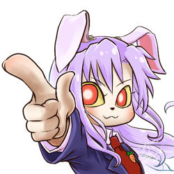 Rule 34 | 1girl, animal ears, animal nose, profile picture, blazer, blouse, carrot, chamaji, collared shirt, commentary, hair between eyes, jacket, long hair, looking at viewer, lowres, moon rabbit, necktie, pointing, pointing at viewer, purple hair, rabbit ears, red eyes, red necktie, reisen udongein inaba, shirt, signature, solo, touhou, upper body, white background