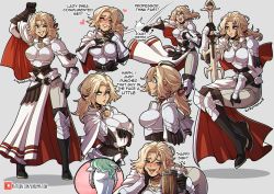 Rule 34 | !, !!, 2girls, armor, armored boots, beer mug, bent over, blonde hair, blue eyes, blush, boobplate, boots, breastplate, capelet, catherine (fire emblem), character sheet, cup, dress, drunk, english text, eyes visible through hair, fire emblem, fire emblem: three houses, from behind, gloves, green hair, grey background, grin, hair ribbon, hand on own hip, heart, heart-shaped pupils, heroes relic (fire emblem), highres, kinkymation, mug, multiple girls, nintendo, patreon username, pauldrons, ponytail, rhea (fire emblem), ribbon, short hair, shoulder armor, simple background, smile, standing, sword, symbol-shaped pupils, teeth, thighhighs, thunderbrand (weapon), waist cape, watermark, weapon, white background, white dress