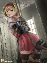 Rule 34 | 1girl, arms behind back, blonde hair, boots, bound, brown eyes, chain, djeeta (granblue fantasy), dress, dungeon, from behind, gauntlets, granblue fantasy, hairband, patreon username, pink dress, restrained, rope, sharpffffff, solo, suspension, thigh boots, thighhighs
