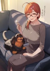 Rule 34 | 1girl, 92m, ^ ^, ahoge, animal, breasts, brown skirt, closed eyes, commentary request, couch, dog, glasses, highres, large breasts, looking at viewer, mature female, medium hair, on couch, original, ponytail, red-framed eyewear, red hair, sitting, skirt, smile, translation request