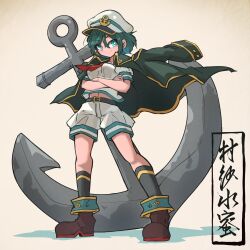 Rule 34 | 1girl, absurdres, anchor, anchor symbol, aqua eyes, aqua hair, belt, black coat, black sailor collar, breasts, bright pupils, closed mouth, coat, commentary request, crossed arms, full body, gradient background, highres, looking at viewer, medium breasts, murasa minamitsu, navel, neckerchief, red neckerchief, ryouryou, sailor, sailor collar, shirt, short hair, smile, solo, standing, touhou, sunken fossil world, white headwear, white pupils, white shirt