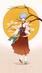 Rule 34 | 1girl, absurdres, alternate eye color, ayanami rei, bad id, bad pixiv id, beige background, black choker, blue eyes, blue hair, bracelet, branch, chinese commentary, choker, circle, closed mouth, commentary request, full body, hakama, hakama skirt, hands up, highres, holding, holding smoking pipe, japanese clothes, jewelry, kimono, looking at viewer, mudined, neon genesis evangelion, red skirt, sandals, short hair, skirt, smoking pipe, solo, standing, standing on one leg, white kimono, wide sleeves, yellow background
