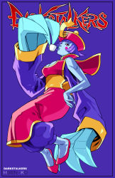 Rule 34 | 1girl, blue skin, blush stickers, breasts, capcom, character name, chinese clothes, claw (weapon), cleavage cutout, clothing cutout, colored skin, copyright name, cup, edwin huang, flats, flipped hair, hand on own hip, hat, jiangshi, large breasts, lei lei, ofuda, pink hat, puffy pants, purple background, purple hair, sash, short hair, simple background, solo, teacup, vampire (game), weapon