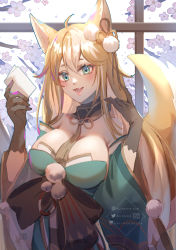 Rule 34 | 1girl, absurdres, allenerie, animal ears, bare shoulders, black gloves, breasts, brown hair, cleavage, commentary, detached collar, detached sleeves, dog ears, dog tail, fangs, genshin impact, gloves, green kimono, hair ornament, highres, hina (genshin impact), holding, holding paper, japanese clothes, kimono, large breasts, long hair, long sleeves, open mouth, paper, smile, solo, tail, wide sleeves