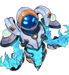 Rule 34 | 1boy, astronaut, astronaut xerath, blue skin, claws, colored skin, creature, glowing, glowing eyes, green eyes, hands up, helmet, league of legends, magic, phantom ix row, simple background, solo, space helmet, white background, xerath