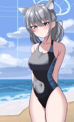 Rule 34 | 1girl, absurdres, animal ear fluff, animal ears, arms behind back, beach, black one-piece swimsuit, blue archive, blue eyes, blue sky, breasts, cloud, competition swimsuit, covered navel, cross hair ornament, day, extra ears, grey hair, hair ornament, halo, highres, low ponytail, medium breasts, medium hair, mismatched pupils, mountainous horizon, multicolored clothes, multicolored swimsuit, ocean, official alternate costume, one-piece swimsuit, outdoors, shiroko (blue archive), shiroko (swimsuit) (blue archive), sky, solo, sotosama, swimsuit, wolf ears