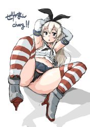 Rule 34 | 1girl, anchor ornament, arms behind head, black hairband, black neckerchief, black panties, blonde hair, buttons, commentary request, crop top, dot nose, double-breasted, elbow gloves, gloves, grey eyes, grey footwear, hair between eyes, hairband, high heels, highres, kantai collection, long hair, looking at viewer, lying, miniskirt, navel, neckerchief, neckwear request, on back, open mouth, panties, red footwear, red thighhighs, shadow, shigekikkusu, shimakaze (kancolle), skirt, solo, striped clothes, striped thighhighs, thick arms, thighhighs, translation request, underwear, white gloves, white thighhighs