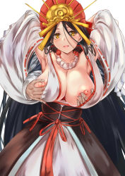 Rule 34 | 1girl, absurdres, armpits, arms behind head, arms up, bare shoulders, bead necklace, beads, black hair, breasts, cleavage, collarbone, dark-skinned male, dark skin, facial mark, fate/grand order, fate (series), forehead, grabbing, grabbing another&#039;s breast, headpiece, highres, himiko (fate), himiko (third ascension) (fate), japanese clothes, jewelry, kimono, large breasts, long hair, long sleeves, looking at viewer, magatama, magatama necklace, necklace, nipples, no bra, off shoulder, open mouth, parted bangs, sideboob, smile, solo focus, uchida shou, white kimono, wide sleeves