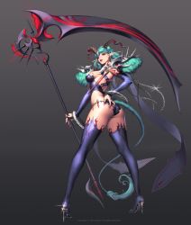 Rule 34 | 1girl, aqua hair, armor, ass, bangle, bracelet, breasts, bridal gauntlets, bustier, chaos online, demon girl, earrings, eyepatch, fingernails, from behind, full body, glint, gradient background, hand on own ass, high heels, horns, jewelry, large breasts, lips, long fingernails, looking back, love cacao, nail polish, parted lips, pauldrons, pointy ears, red eyes, satyr (chaos online), scythe, short hair, shoulder armor, sideboob, solo, sparkle, tail, thighhighs, watermark
