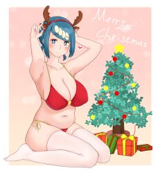Rule 34 | 1girl, absurdres, antlers, arms up, bikini, blue hair, breasts, christmas, cleavage, creatures (company), game freak, highres, horns, jasonis0224, lana&#039;s mother (pokemon), large breasts, navel, nintendo, plump, pokemon, pokemon (anime), pokemon sm (anime), sitting, solo, swimsuit, thighhighs, twintails