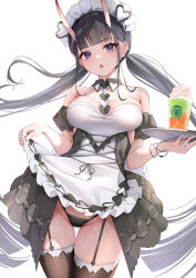 Rule 34 | 1girl, absurdres, apron, azur lane, bare shoulders, black eyes, black hair, black panties, black thighhighs, blue eyes, blunt bangs, blunt ends, bracelet, breasts, brown thighhighs, classic (zildjian33), cleavage, clothes lift, commentary request, cowboy shot, detached collar, detached sleeves, drink, flashing, frilled apron, frills, garter belt, garter straps, glass, groin, highres, holding, holding tray, horns, jewelry, large breasts, lifting own clothes, logo parody, long hair, looking at viewer, low twintails, maid, maid apron, maid headdress, noshiro (azur lane), noshiro (hold the ice) (azur lane), official alternate costume, oni, open mouth, paid reward available, panties, parted lips, puffy short sleeves, puffy sleeves, short sleeves, simple background, skin-covered horns, skirt, skirt lift, solo, standing, starbucks, thigh gap, thighhighs, thighs, thong, tray, twintails, underwear, very long hair, whipped cream, white apron, white background