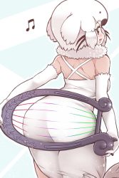 Rule 34 | 1girl, ass, ass press, bare shoulders, blush, brown eyes, commentary request, dress, elbow gloves, from behind, fur collar, gloves, harp, harp seal (kemono friends), instrument, kemono friends, leaning forward, looking back, musical note, short hair, shoulder blades, solo, tanaka kusao, white dress, white gloves, white hair