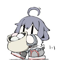 Rule 34 | 1girl, ahoge, bag, blue skirt, chibi, food, hair flaps, holding, holding bag, kantai collection, long hair, long sleeves, low twintails, no mouth, pleated skirt, purple hair, sack, sandals, school uniform, serafuku, simple background, skirt, solo, taigei (kancolle), task (s task80), twintails, white background, | |