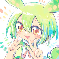 Rule 34 | 1girl, :3, ayakashi (monkeypanch), blush, close-up, collared shirt, commentary, double w, green hair, green suspenders, hair between eyes, hands up, highres, neck ribbon, open mouth, orange eyes, ribbon, shirt, solo, voicevox, w, white shirt, zundamon