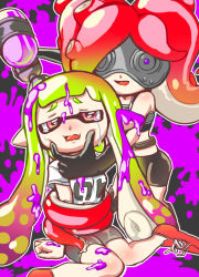Rule 34 | 2girls, :d, armor, bad id, bad pixiv id, belt, bike shorts, black gloves, breastplate, cheek squash, crying, domino mask, gloves, goggles, green hair, gun to head, hand on another&#039;s cheek, hand on another&#039;s face, ink, inkling, inkling girl, inkling player character, kabyu, long hair, mask, multiple girls, nintendo, open mouth, paint, pointy ears, purple eyes, red eyes, red footwear, red hair, shoes, simple background, sitting, smile, splatoon (series), splatoon 1, streaming tears, super soaker, takozonesu, tears, tentacle hair, tentacles, yuri