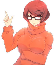Rule 34 | 1girl, :3, animification, bad deviantart id, bad id, blush, breast hold, breast lift, breasts, brown eyes, brown hair, eyebrows, fingernails, freckles, glasses, grin, large breasts, long fingernails, long sleeves, naso4, orange shirt, pointing, pointing up, red eyes, red hair, scooby-doo, shirt, simple background, smile, solo, sweater, swept bangs, taut clothes, taut shirt, turtleneck, upper body, velma dace dinkley, white background