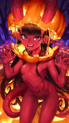 Rule 34 | 1girl, :d, animal ears, blunt bangs, breasts, brown hair, claw pose, colored skin, convenient censoring, cowboy shot, demon, demon girl, demon horns, demon tail, fangs, fingernails, hair censor, hair over breasts, halloween, hands up, helmet, highres, horns, horns through headwear, jack-o&#039;-lantern, long hair, looking at viewer, nude, oopartz yang, open mouth, original, pumpkin, red eyes, red skin, sharp fingernails, small breasts, smile, solo, standing, tail, very long hair