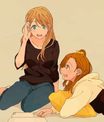 Rule 34 | 2girls, :d, ayase eli, bad id, bad pixiv id, barefoot, black shirt, blonde hair, blue eyes, book, bow, collarbone, cushion, denim, grey background, hair bow, hair down, tucking hair, jeans, kosaka honoka, long sleeves, love live!, love live! school idol project, lying, multiple girls, on stomach, one side up, open book, open mouth, orange hair, pants, pointing, shin9tani, shirt, simple background, sitting, smile, teeth, upper teeth only, yellow bow