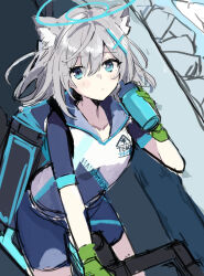 Rule 34 | 1girl, animal ear fluff, animal ears, bicycle, blue archive, blue eyes, blue shorts, bottle, closed mouth, grey hair, hair between eyes, hair ornament, halo, hand up, highres, holding, holding bottle, long hair, looking at viewer, shiduki eku, shiroko (blue archive), shiroko (cycling) (blue archive), shirt, short shorts, short sleeves, shorts, sketch, solo, water bottle, white shirt
