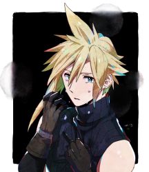 Rule 34 | 1boy, aqua eyes, bare shoulders, black background, blonde hair, blue shirt, border, brown gloves, clenched hand, cloud strife, crying, dated, earrings, final fantasy, final fantasy vii, gloves, hair between eyes, hand on own face, jewelry, krudears, looking at viewer, male focus, shirt, short hair, single earring, sleeveless, sleeveless shirt, solo, spiked hair, teardrop, tears, upper body
