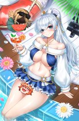 Rule 34 | 1girl, anastasia (fate), anastasia (swimsuit archer) (fate), anastasia (swimsuit archer) (third ascension) (fate), bare shoulders, bikini, blue bikini, blue eyes, blue skirt, blush, bow, breasts, casul, cleavage, collarbone, cup, doll, drinking glass, fate/grand order, fate (series), flower, food, fruit, fujimaru ritsuka (female), hair bow, hair over one eye, highres, jewelry, large breasts, long hair, long sleeves, looking at viewer, miniskirt, navel, necklace, ponytail, puffy long sleeves, puffy sleeves, silver hair, sitting, skirt, soaking feet, swimsuit, thighs, very long hair, viy (fate), water, watermelon, watermelon slice