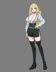 Rule 34 | 1girl, absurdres, blonde hair, boots, breasts, cleavage, green eyes, hand on own hip, highres, katsute kami datta kemonotachi e, large breasts, legs, liza renecastle, long hair, mature female, mole, mole on breast, official art, skirt, smile, solo, thighs