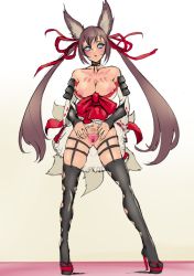 Rule 34 | 1girl, animal ears, bare shoulders, blue eyes, blush, breasts, breasts out, brown hair, caleen keemosn, choker, clothes lift, commission, detached sleeves, elotika, fox ears, fox ears, fox girl, fox tail, garter straps, hair ribbon, high heels, japanese clothes, large breasts, long hair, looking at viewer, miko, multiple tails, nipples, no panties, pubic hair, pussy, ribbon, runes, skirt, skirt lift, spread pussy, star ocean, star ocean anamnesis, tail, thick thighs, thighhighs, thighs, twintails, uncensored, very long hair