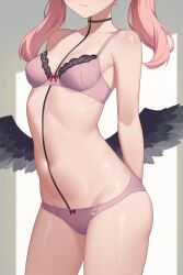 Rule 34 | 1girl, alternate costume, armpits, arms behind back, black choker, black wings, blue archive, bra, breasts, choker, cleavage, collarbone, commentary request, feathered wings, head out of frame, highres, koharu (blue archive), long hair, looking at viewer, medium breasts, navel, panties, pink bra, pink hair, pink panties, sidelocks, simple background, solo, stomach, twintails, two-tone background, underwear, wings, zhong zi sheliu