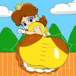 Rule 34 | 1girl, angry, ass, blue eyes, crown, dress, earrings, flower earrings, flying, gloves, incoming attack, jewelry, looking at viewer, mario (series), nintendo, orange dress, princess daisy, puffy short sleeves, puffy sleeves, short hair, short sleeves, sky, solo, super mario land, super smash bros., tomboy, tree, white gloves