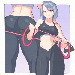 Rule 34 | 1girl, ace attorney, ass, back, blue hair, breasts, crop top, franziska von karma, grin, highres, holding, holding whip, inkerton-kun, large breasts, light blue hair, looking at viewer, midriff, mole, mole under eye, navel, phoenix wright: ace attorney - justice for all, smile, solo, stomach, whip